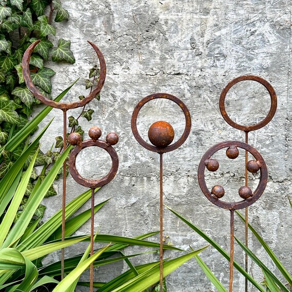 Rustic Metal Garden Finials Set, Weathered Garden Stakes