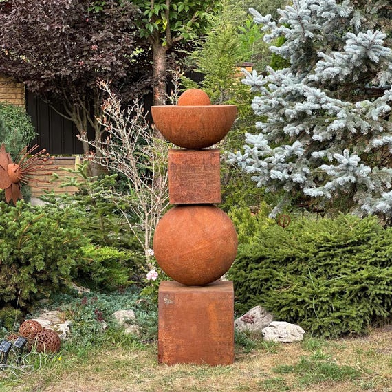 Rusty Metal Totem Sculpture: Modern Abstract Garden Art, 63''