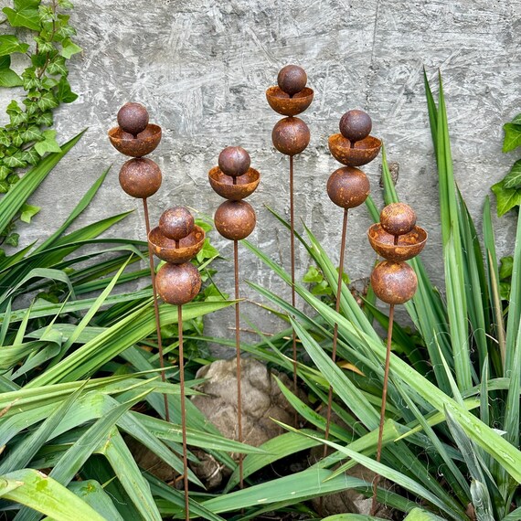 Set of 6 Rustic Metal Flower Garden Stakes, Handmade Outdoor Decor