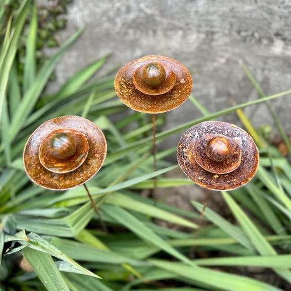 Rustic Metal Flower Garden Stakes, Handmade Outdoor Decor, Set of 3