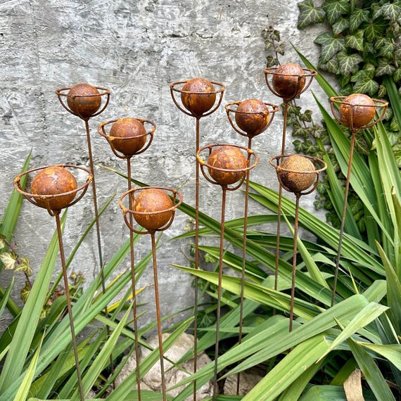 Rustic Metal Flower Garden Stakes, Set of 10, Weathered Finish