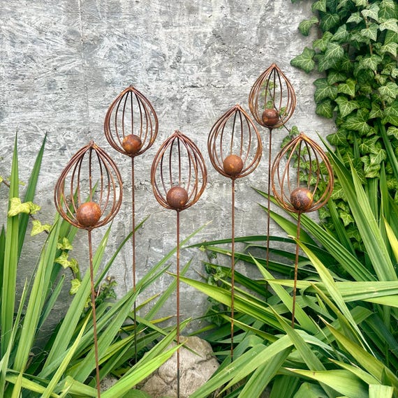 Rustic Metal Finial Garden Stakes, Corten Steel Set of 6