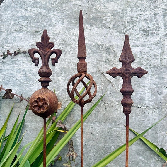 Rusty Metal Garden Stakes, Antique-Inspired Garden Decor, Set of 3