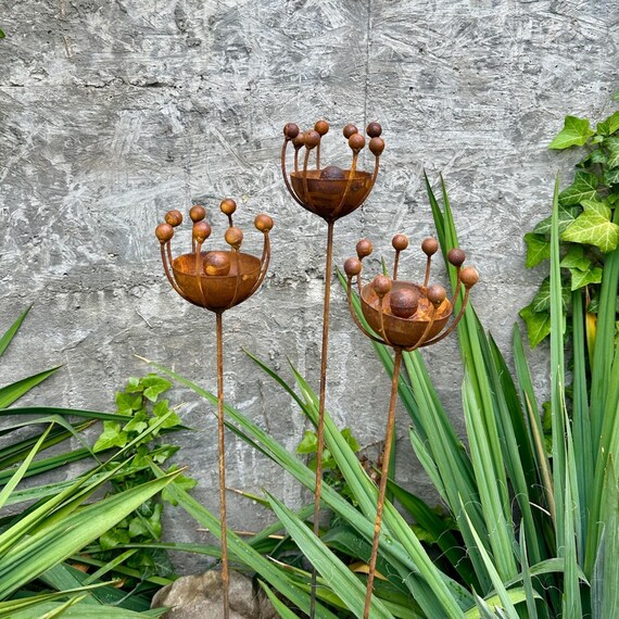 Rustic Metal Exotic Flower Set of 3, Handmade Garden Art