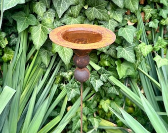 Rustic Metal Bird Bath, Rain Catcher Garden Stake, Handmade