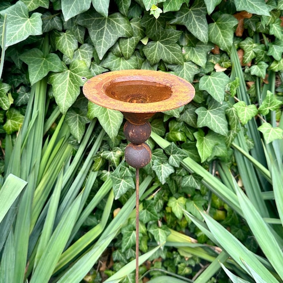 Rustic Metal Bird Bath, Rain Catcher Garden Stake, Handmade
