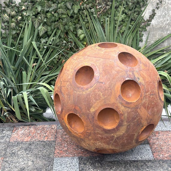 Large Rusty Corten Steel Garden Sphere, Modern Outdoor Sculpture (27 inch)