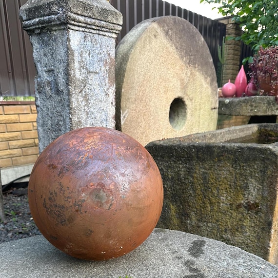 14" Rusty Corten Steel Garden Sphere: Weathered Metal Yard Art