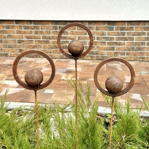 Rusty finials set of 3, Garden stakes garden decor, Metal garden decor, Metal yard art, Outdoor metal decor, Rusty metal garden sculpture