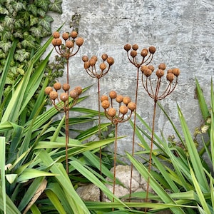 Set of 6 Rustic Metal Flower Garden Stakes, Handmade Yard Art
