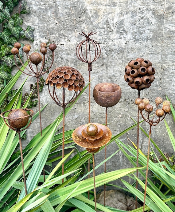 Rustic Metal Flower Garden Stakes - Handmade Landscaping Art, Set of 8