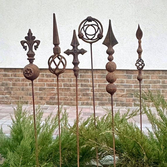 Rusty Metal Garden Stakes, Set of 6 Rustic Finials