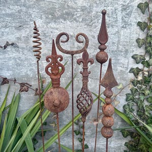 Rustic Metal Garden Stakes - Set of 6 Rusty Finial Art