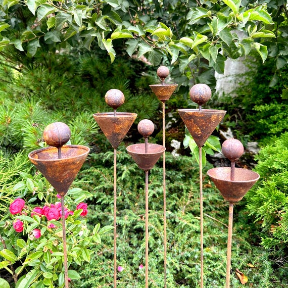 Rustic Metal Flower Garden Sculptures, Rain Catchers, Set of 6