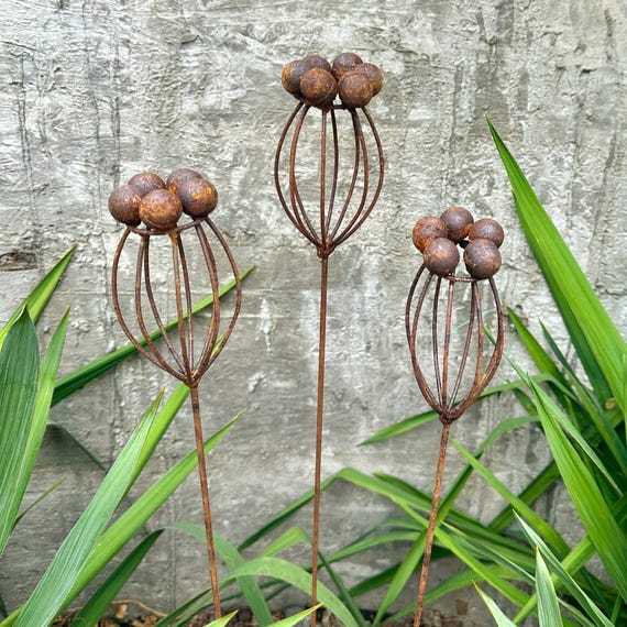 Rustic Metal Flower Garden Stakes, Set of 3, Handmade Yard Art