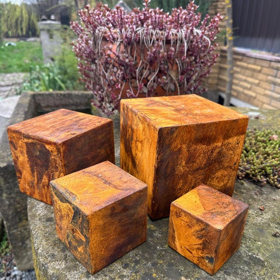 Handmade Rusty Corten Steel Garden Cubes, Industrial Sculpture Set
