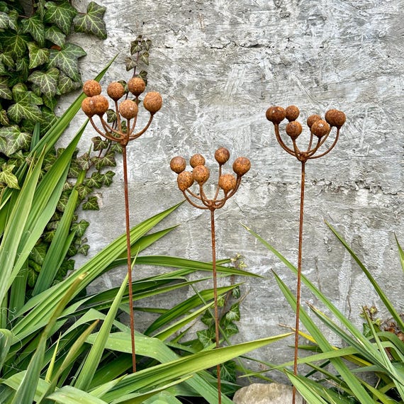 Rustic Metal Flower Garden Stakes, Handmade Yard Art, Set of 3