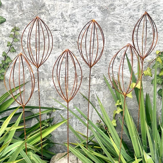 Rusty Metal Finial Garden Stakes, Weathered Sculpture Art, Set of 6