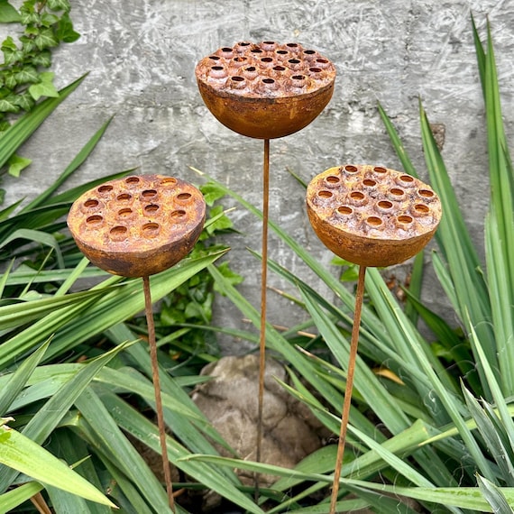 Rustic Metal Lotus Flowers, Handmade Garden Sculpture, Set of 3