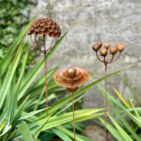 Rustic Metal Exotic Flower Garden Stakes, Handmade Sculptures, Set of 3