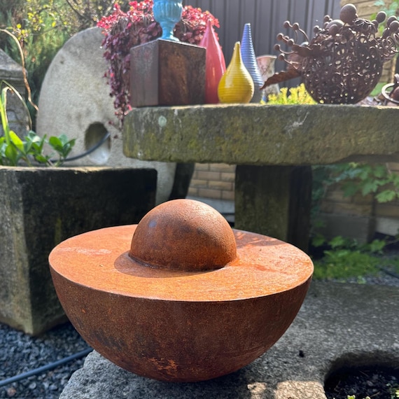 Rusty Metal Half Sphere Sculpture, Corten Steel Garden Art (14 inch)