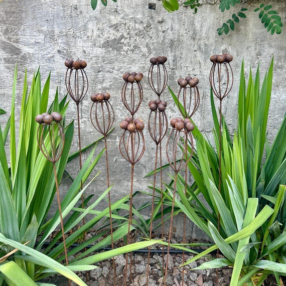 Rustic Metal Exotic Flower Garden Stakes, Set of 10 Handmade Yard Art