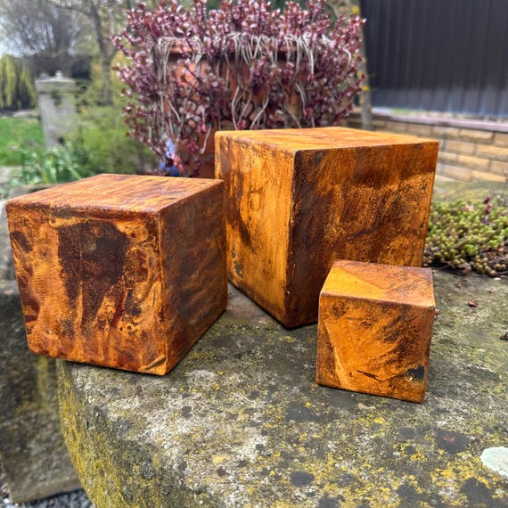 Set of 3 Rusty Metal Cubes, Corten Steel Zen Garden Decor, Modern Outdoor Sculpture