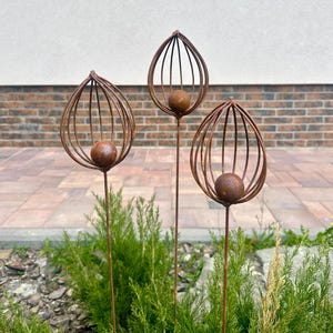Rusty Finials Set of 3, Garden Stakes, Rustic Metal Ornaments, Outdoor Yard Decor, Metal Garden Accents, Weathered Sculpture Art