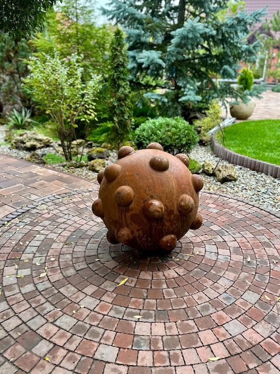 Corten Steel Garden Sphere – 31" Rusty Metal Outdoor Sculpture for Yard or Patio