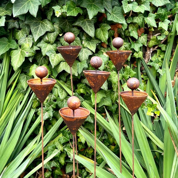 Rustic Metal Flower Garden Sculptures, Bee Rain Catchers, Set of 6