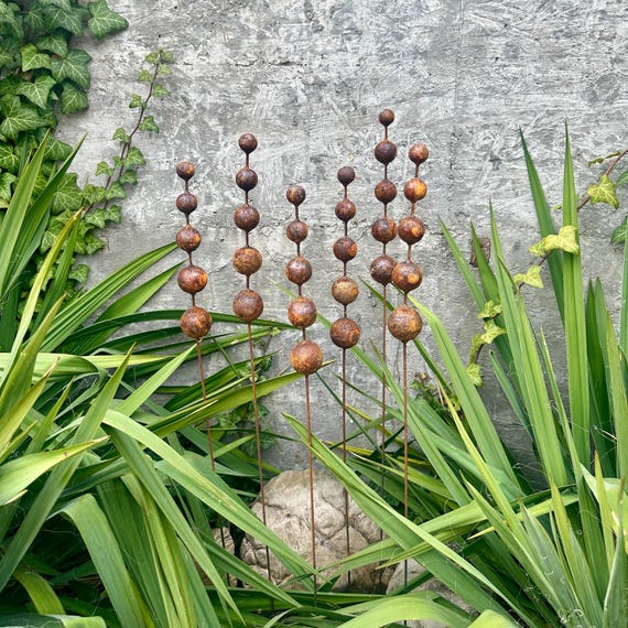 Rusty Metal Garden Stakes, Weathered Sculpture, Handmade Lawn Decor Set of 6