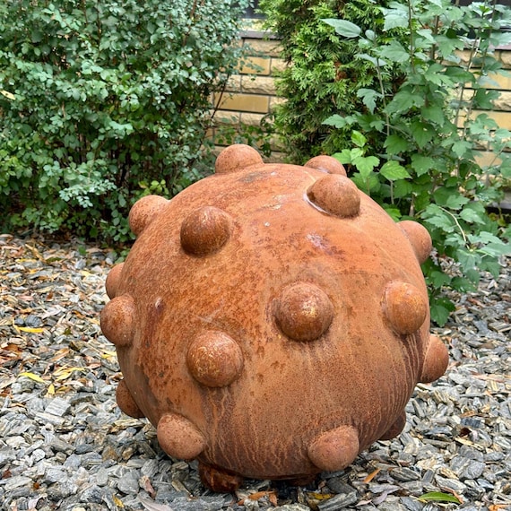 24" Corten Steel Garden Sphere Sculpture, Rustic Outdoor Decor