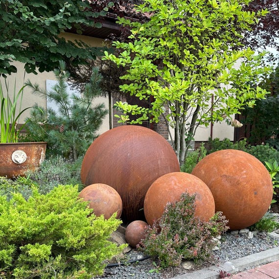 Large Rusty Metal Garden Spheres - Set of 5, Zen Outdoor Sculpture