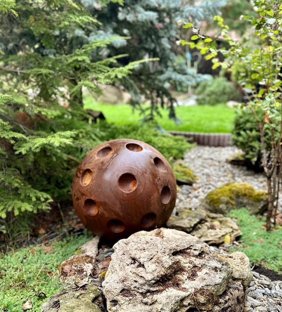 20" Corten Steel Garden Sphere, Rusty Metal Sculpture, Modern Yard Art