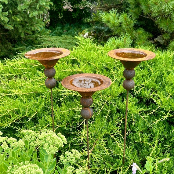 Handmade Rusty Metal Flower Garden Stakes, Set of 3