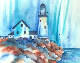 Lighthouse Watercolor, Rocks Watercolor, Seascape Painting, Lighthouse Decor, Ocean, Sky, Nautical, Nature, Martha Kisling