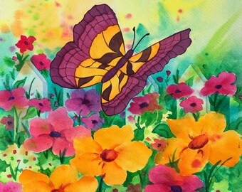 Butterfly Garden Watercolor, Wildflower Art, Yellow Flowers, Pink Flowers, White Picket Fence, Original Watercolor, Martha Kisling