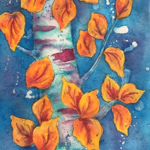Aspen, Birch, Batik, Watercolor, Gold, Leaves, Yellow, Turquoise, Nature, Martha Kisling