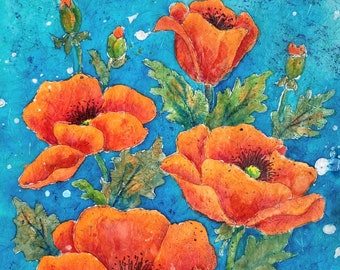 Batik, Watercolor, Poppies, Orange, Red, Blue, Turquoise, Art With Heart, Martha kKsling