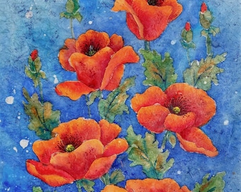 Watercolor, Batik, Poppies, Red, Orange, Bright, Blue, Martha Kisling