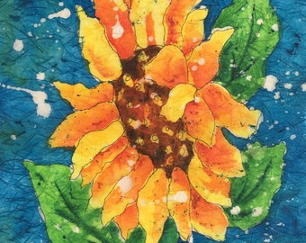 Sunflower, Watercolor Batik, Floral Decor, Happy, Bright, Yellow, Gold, Orange, Lime Green, Martha Kisling