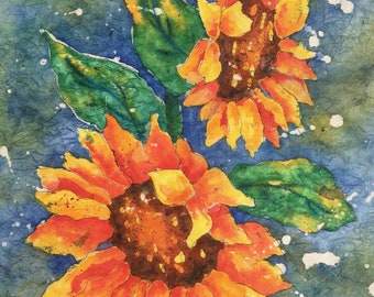 Sunflower, Watercolor Batik, Floral Decor, Happy, Bright, Yellow, Gold, Orange, Lime Green, Martha Kisling