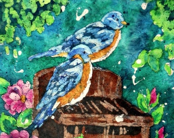 Watercolor Birds, Birdhouse Painting,Batik,Pink Flowers, Blue Birds, Bird Art, Martha Kisling