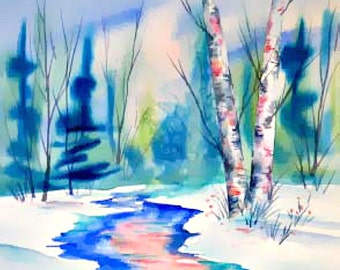 Aspen Tree Watercolor, Birch Trees, Mountain Stream, Watercolor Stream, Colorado Art, Nature Watercolor, Blue and Green, Martha Kisling