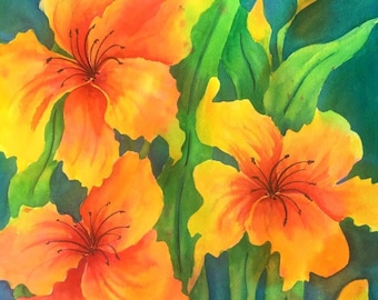 Tropical Flowers, Watercolor Hawaiian Flowers, Peach Flowers, Spring Painting, Floral Decor, Martha Kisling, Art With Heart