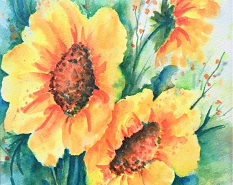 Sunflower Art, 8x10 Watercolor, Sunflower Watercolor, Watercolor Flowers, Garden Art, Garden Decor, Art With Heart