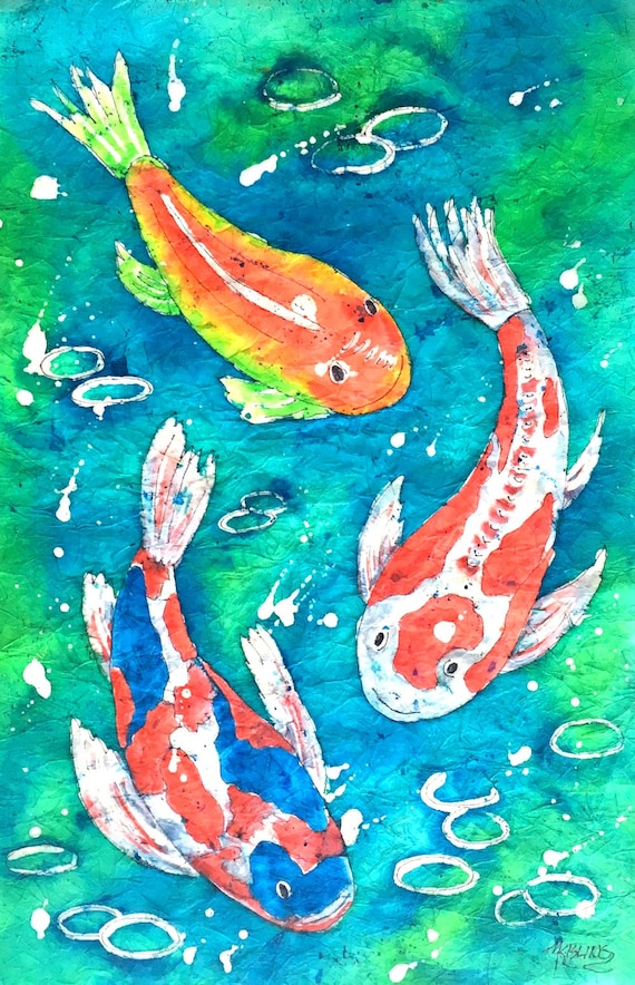 Batik Koi, Watercolor Koi, Watercolor Batik, Koi Pond, Batik Art, Winter  Bird , Artist Martha Kisling 