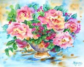 Rose Bouquet Watercolor, Pink Peach Roses, Artist Martha Kisling