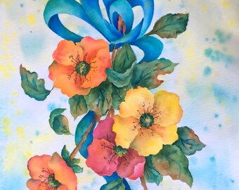 Wild Roses Watercolor,Rose Art, Romantic Roses Peach Yellow, Blue Ribbon, Flower Decor, Love, Flower Watercolor, Martha Kisling