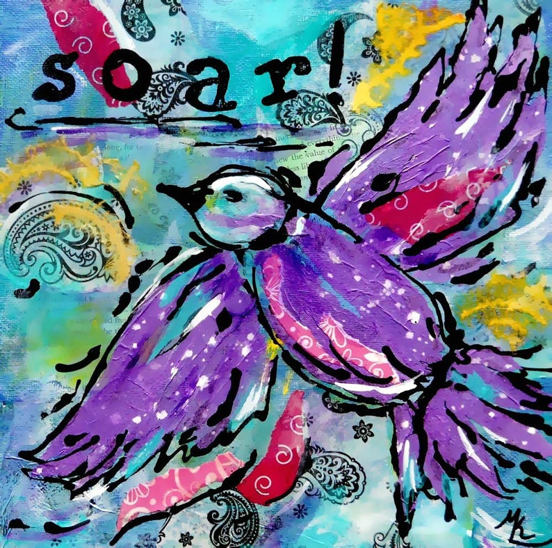 Mixed Media Bird 10x10 Acrylic Bird Collage Soar Bird Art Etsy